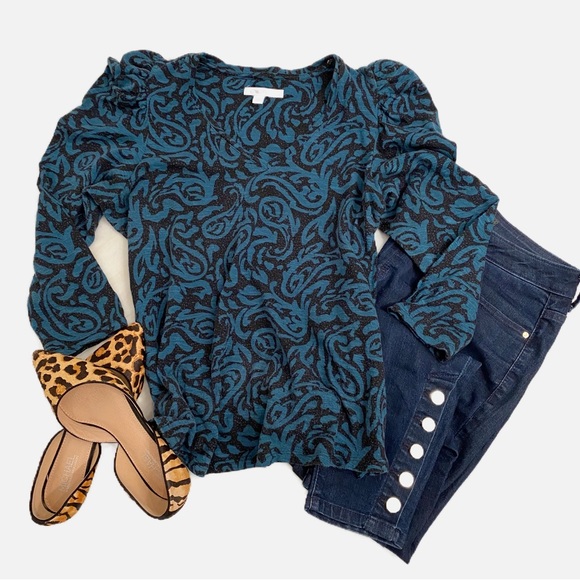 Chico's Paisley Romantic Tee Green V-neck 3/4 Sleeves Knit Top - Picture 3 of 6